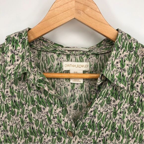 Cynthia Rowley Shirt Womens Medium 100% Linen Leaf Print Botanical Henley Peplum - Picture 4 of 12
